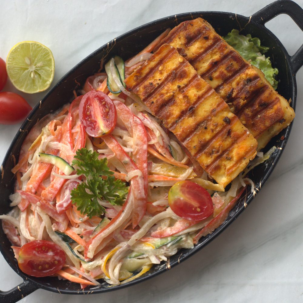 Grilled Paneer Salad with carrot, cucumber and cherry tomatoes